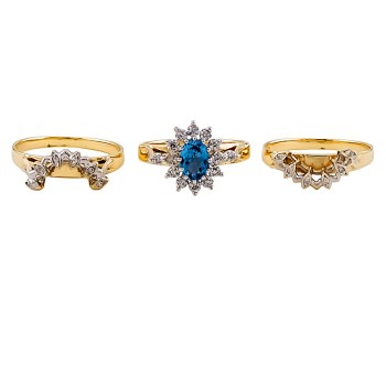 9ct gold Blue Topaz / Diamond set of three Ring size P